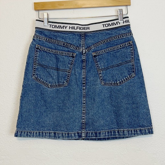 Vintage 90s Tommy Hilfiger Logo Waistband Denim Mini Skirt 8 - Picture 2 of 7